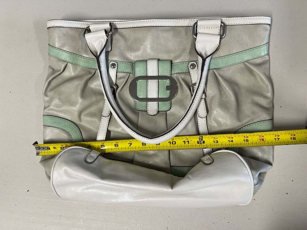 GUESS Grey and White Faux Leather Tote Shoulder Bag with Green Accents